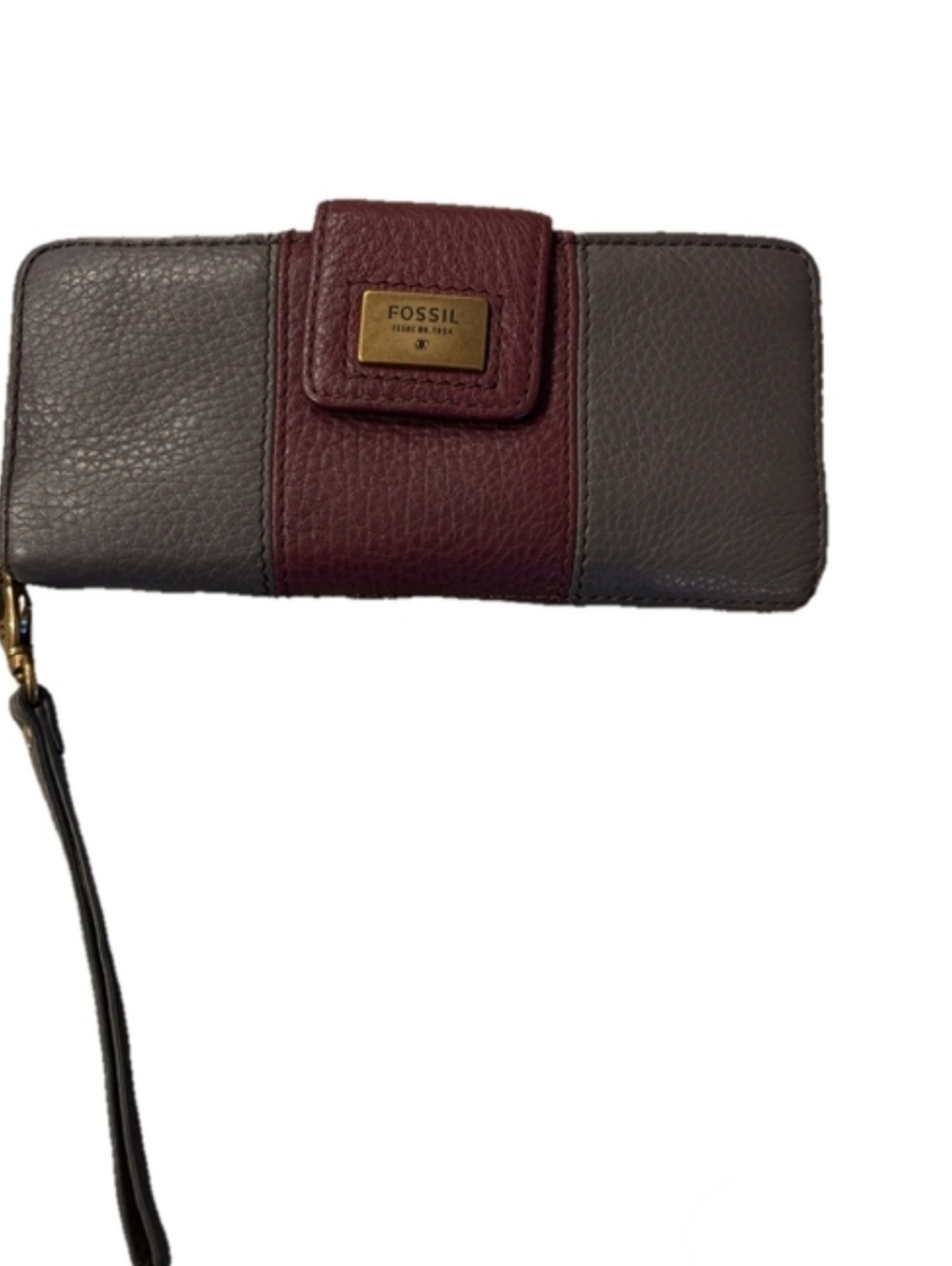 Fossil Wallet Wristlet, gray and wine colored leather